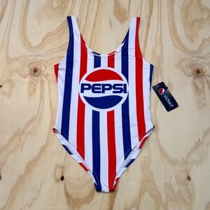 NWT Pepsi Womens One Piece Swimsuit Red White Blue Striped Logo Size L‎ New